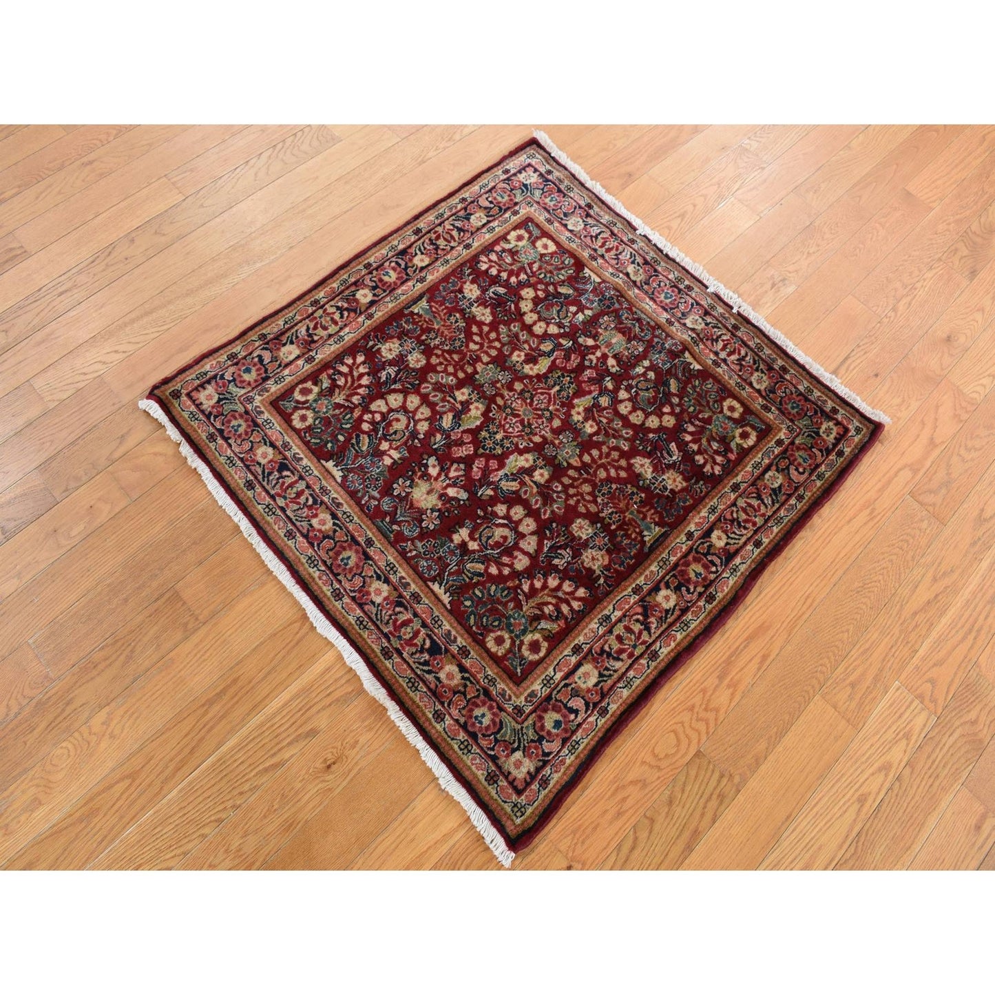 3'X3' Red Antique Zoroastrian Saroogh Pure Wool Hand Knotted Square Rug