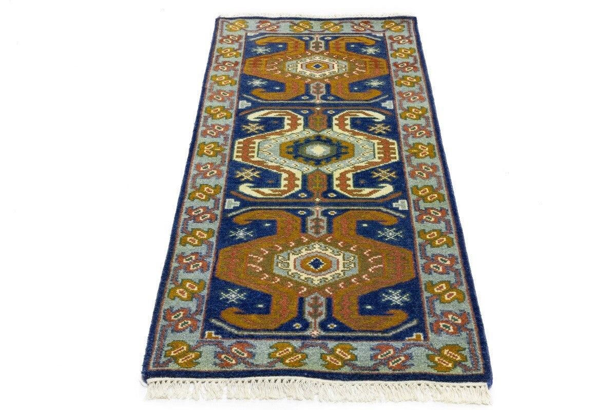 Navy Blue Geometric Tribal Kazak Rug Wool