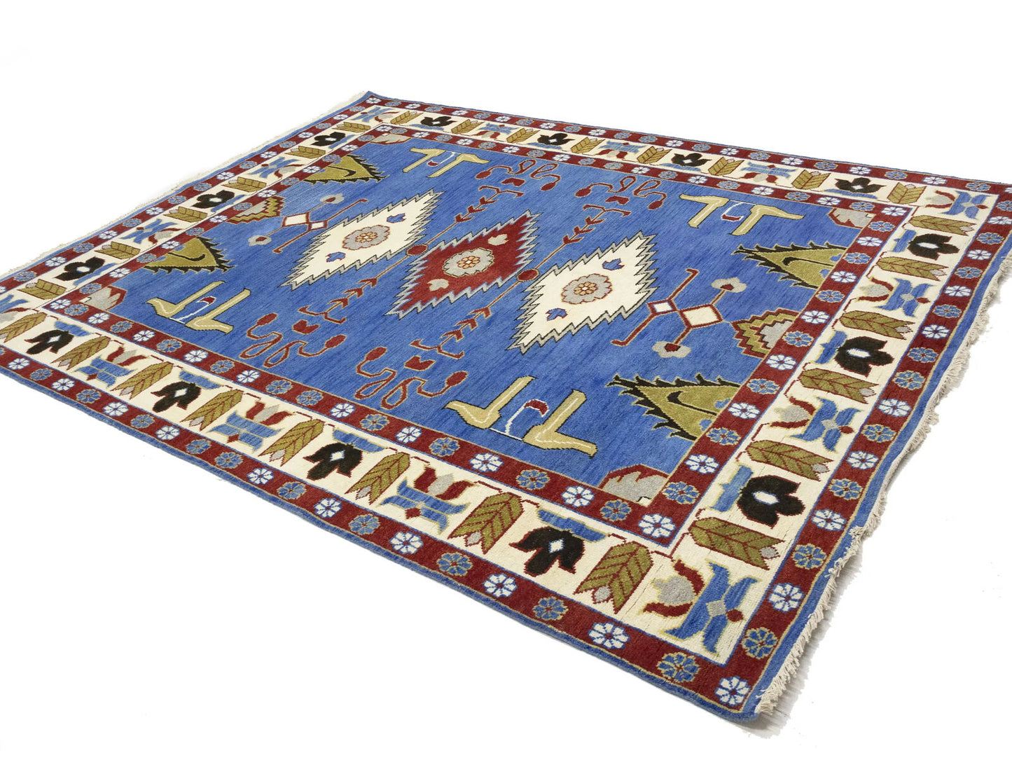 Farmho Boho Blue Geometric Kazak Oriental Rug