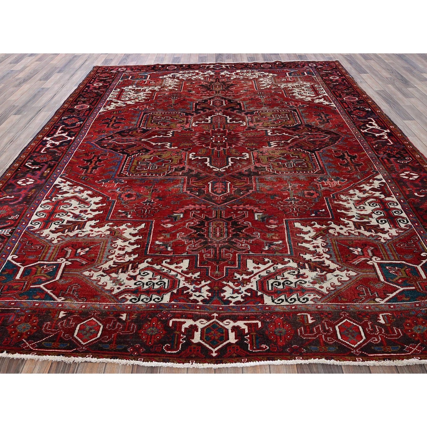 8'9"X10'4" Ruby Red Vintage Zoroastrian Heris 100% Wool Hand Knotted Rug