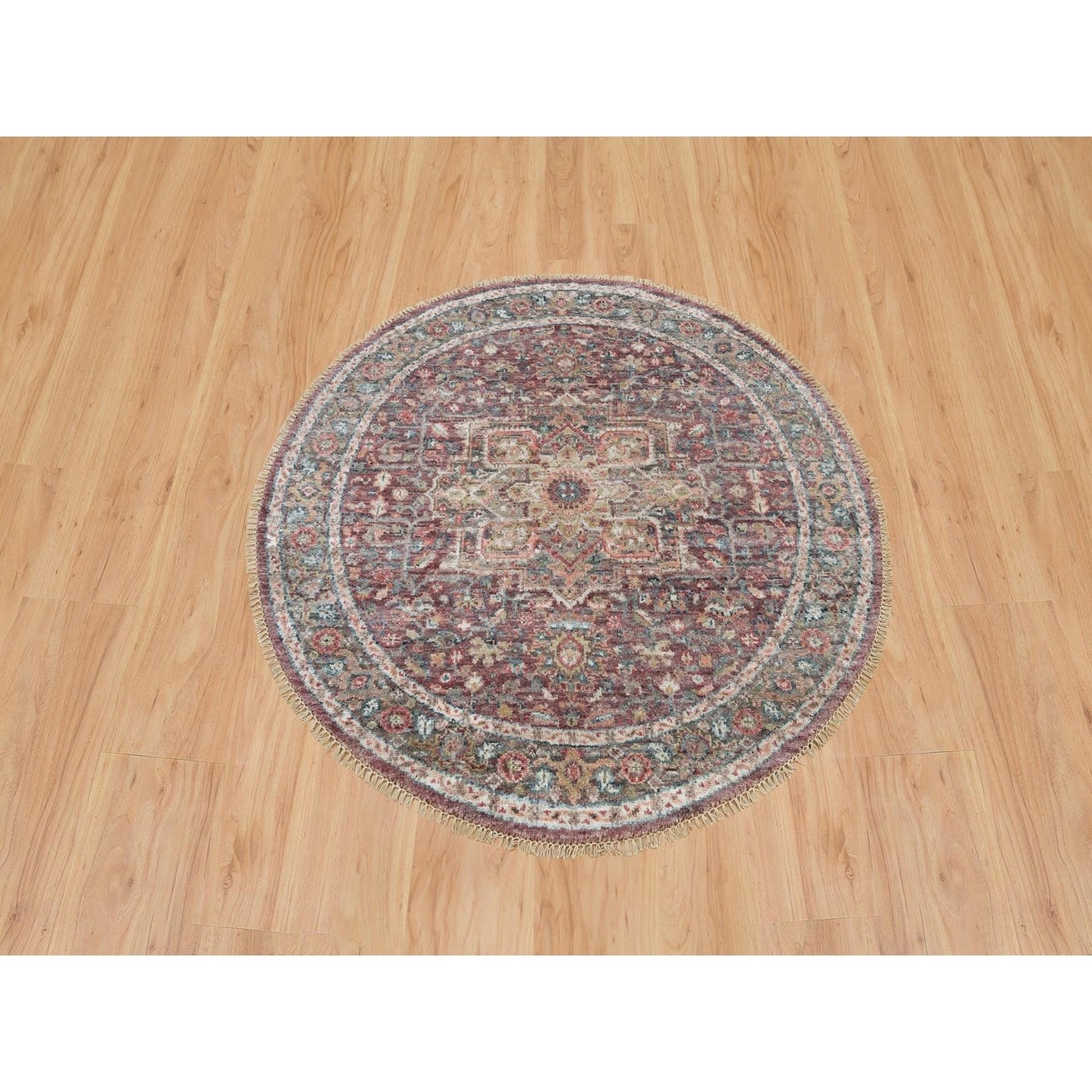 5'X5' Garnet Red Heriz Revival Pure Wool Hand Knotted Round Oriental Rug