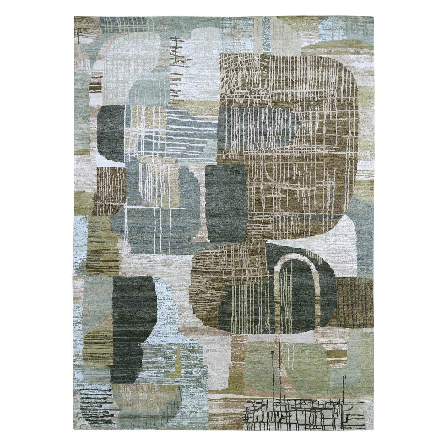 10'X14' Gray With Brown Hand Knotted Abstract Geometric Pattern Wool Rug