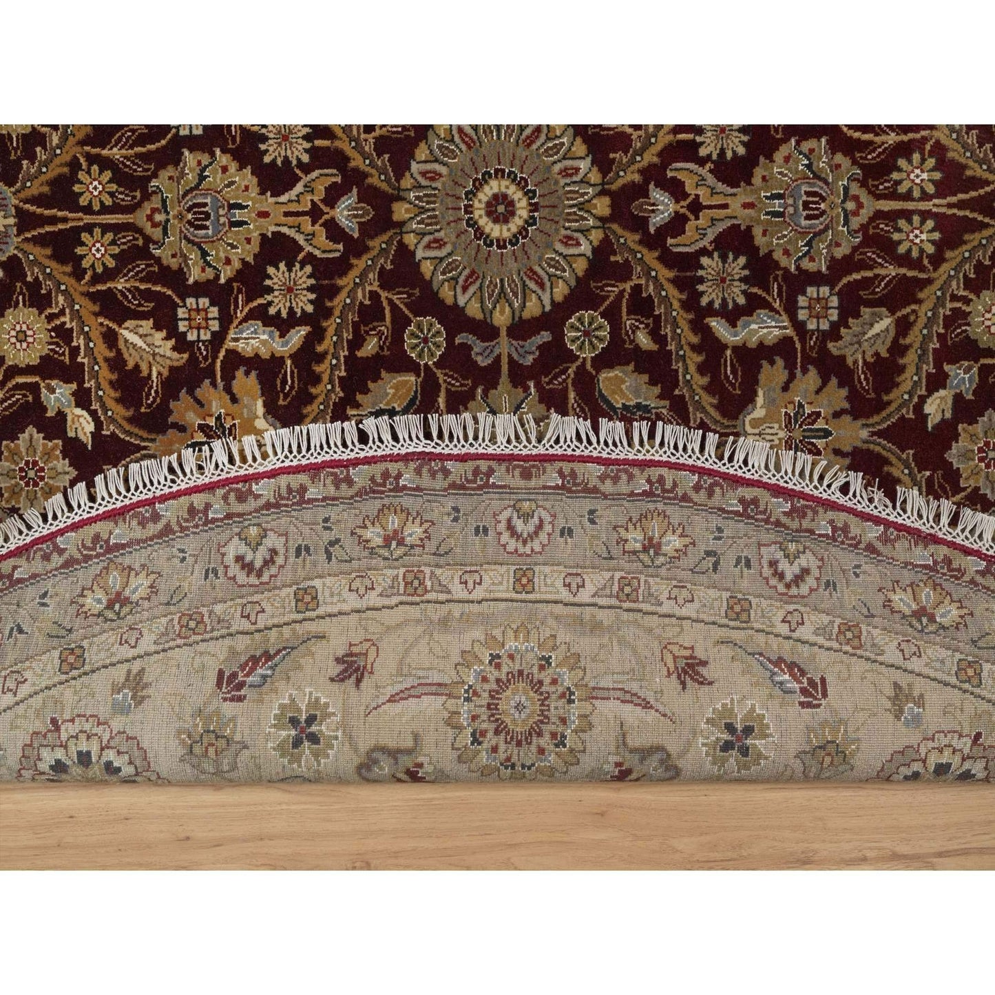 8'1"X8'1" Wine Red Hereke Design Wool And Silk Hand Knotted Round Rug