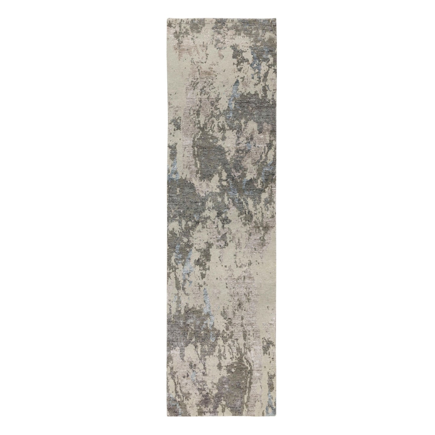 2'8"X10' Gray Abstract Design Wool And Silk Runner Hand Knotted Rug