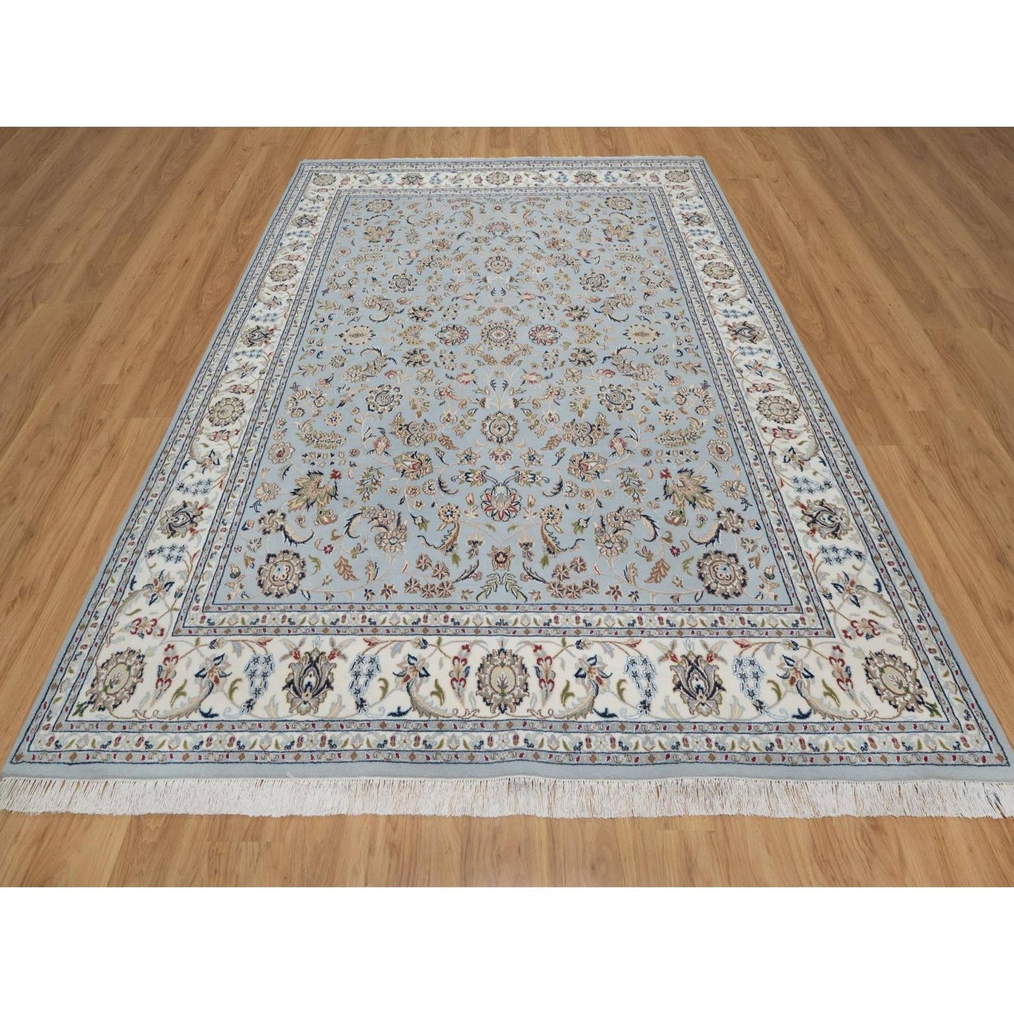 8'2"X10'5" Slate Blue Nain Flower Design Hand Knotted Wool And Silk Rug