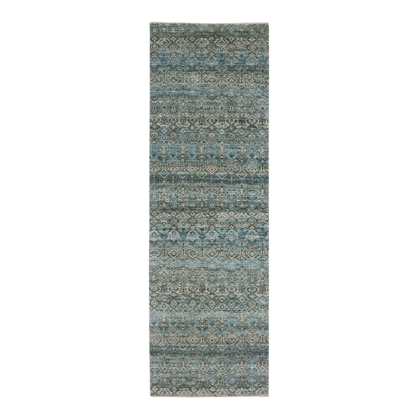 2'6"X8' Blue Diamond Shape Hand Knotted Kohinoor Herrita Wool Runner Rug