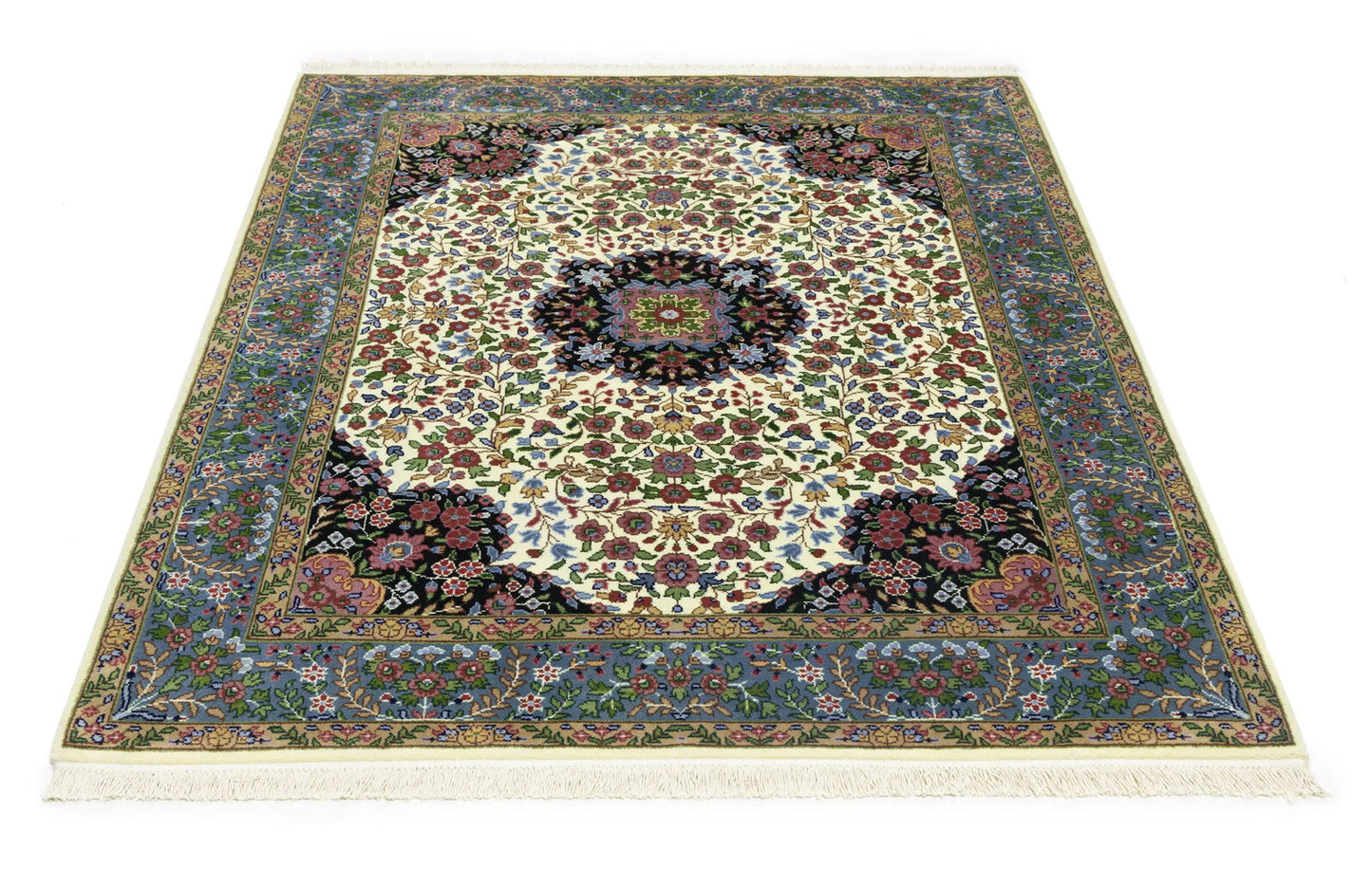 Handmade Kirman Oriental Rug Cream & Blue Floral