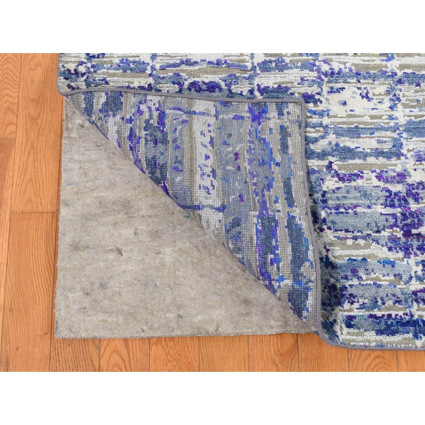 10'2"X13'10" Indigo Diminishing Bricks Sari Silk Hand Knotted Rug