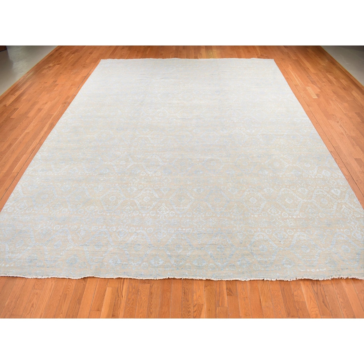 11'10"X15' Brown Wool And Silk Rosettes Design Hand Knotted Oversized Rug