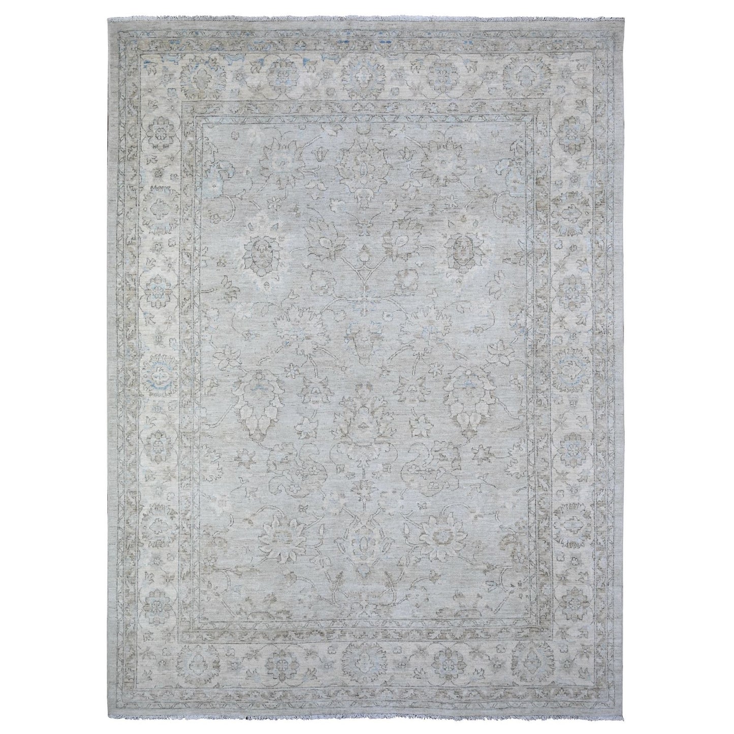 8'10"X11'10" Goose Gray Hand Knotted Pure Wool White Wash Peshawar Rug