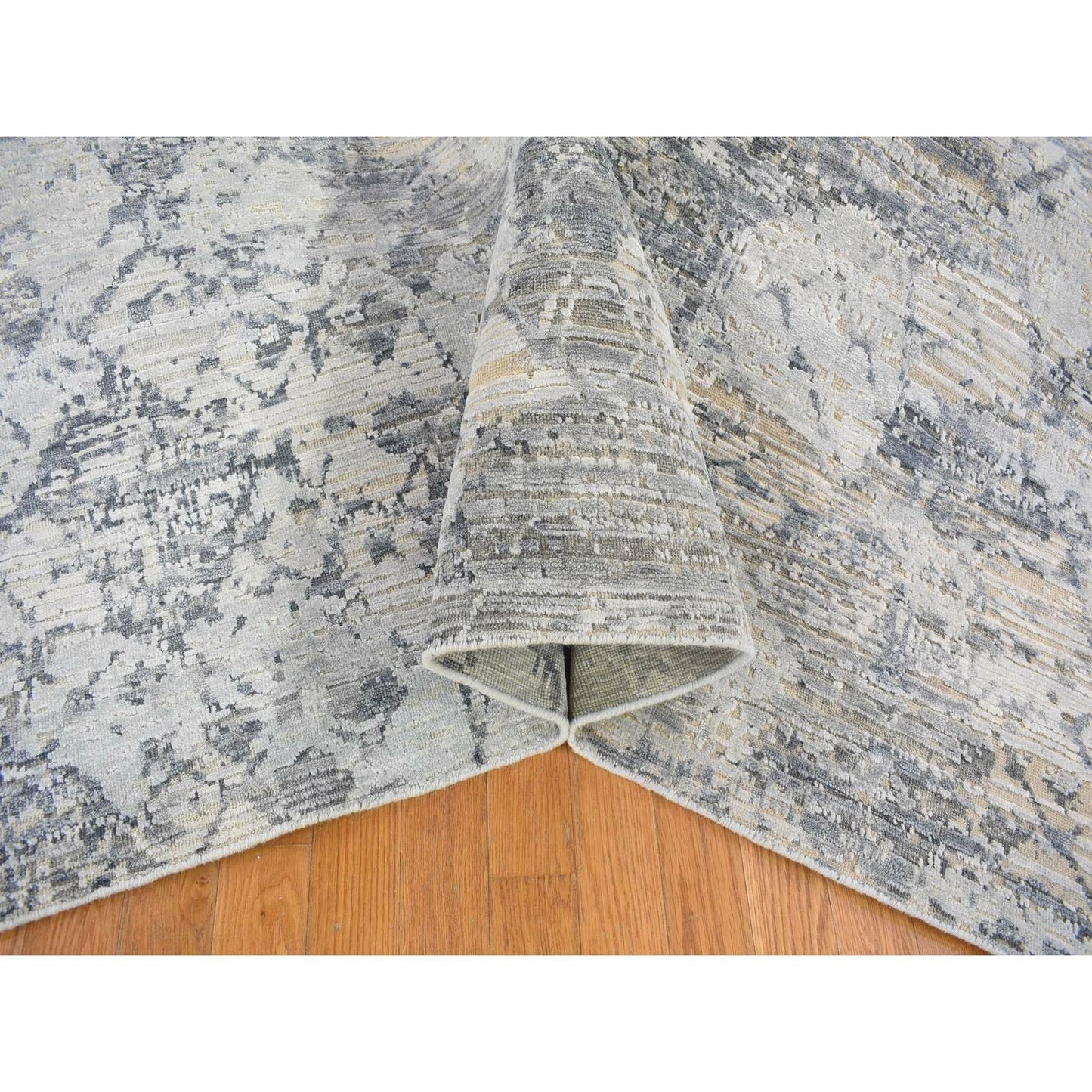 10'1"X14'2" Silk And Textured Wool Gray Hand Knotted Modern Design Rug