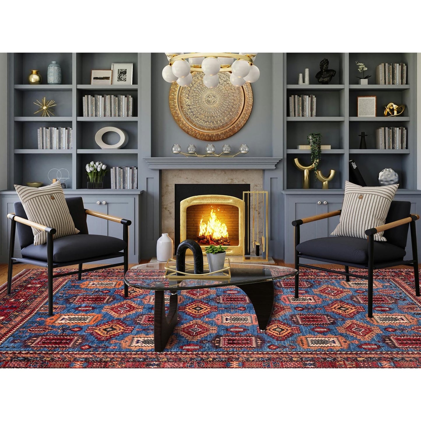 10'X13'6" Blue Afghan Ersari Caucasian Design Revival Hand Knotted Wool Rug
