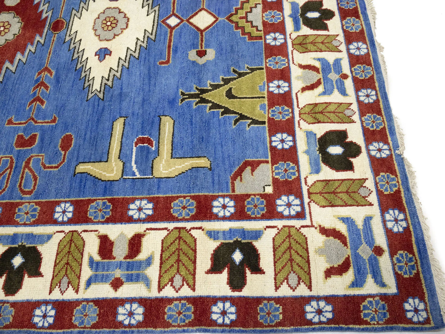 Farmho Boho Blue Geometric Kazak Oriental Rug