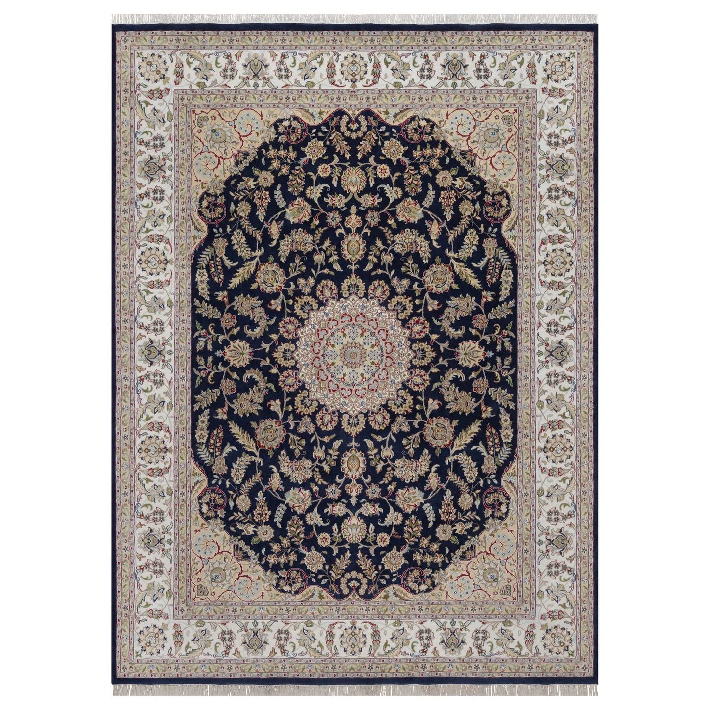 9'X12'2" Midnight Blue Nain Flower Design Wool And Silk Hand Knotted Rug