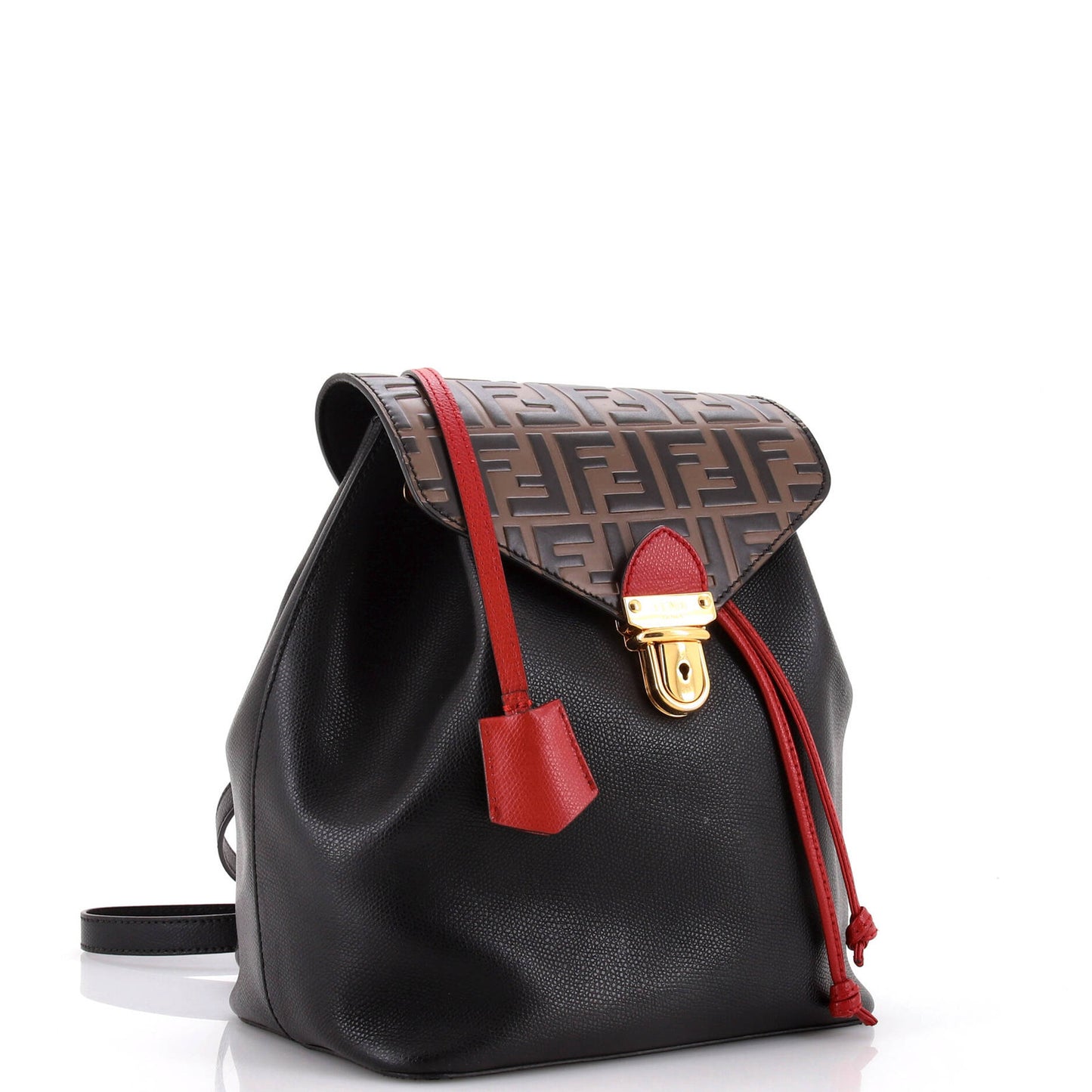 Fendi Drawstring Flap Backpack Leather With Zucca Embossed Detail Small