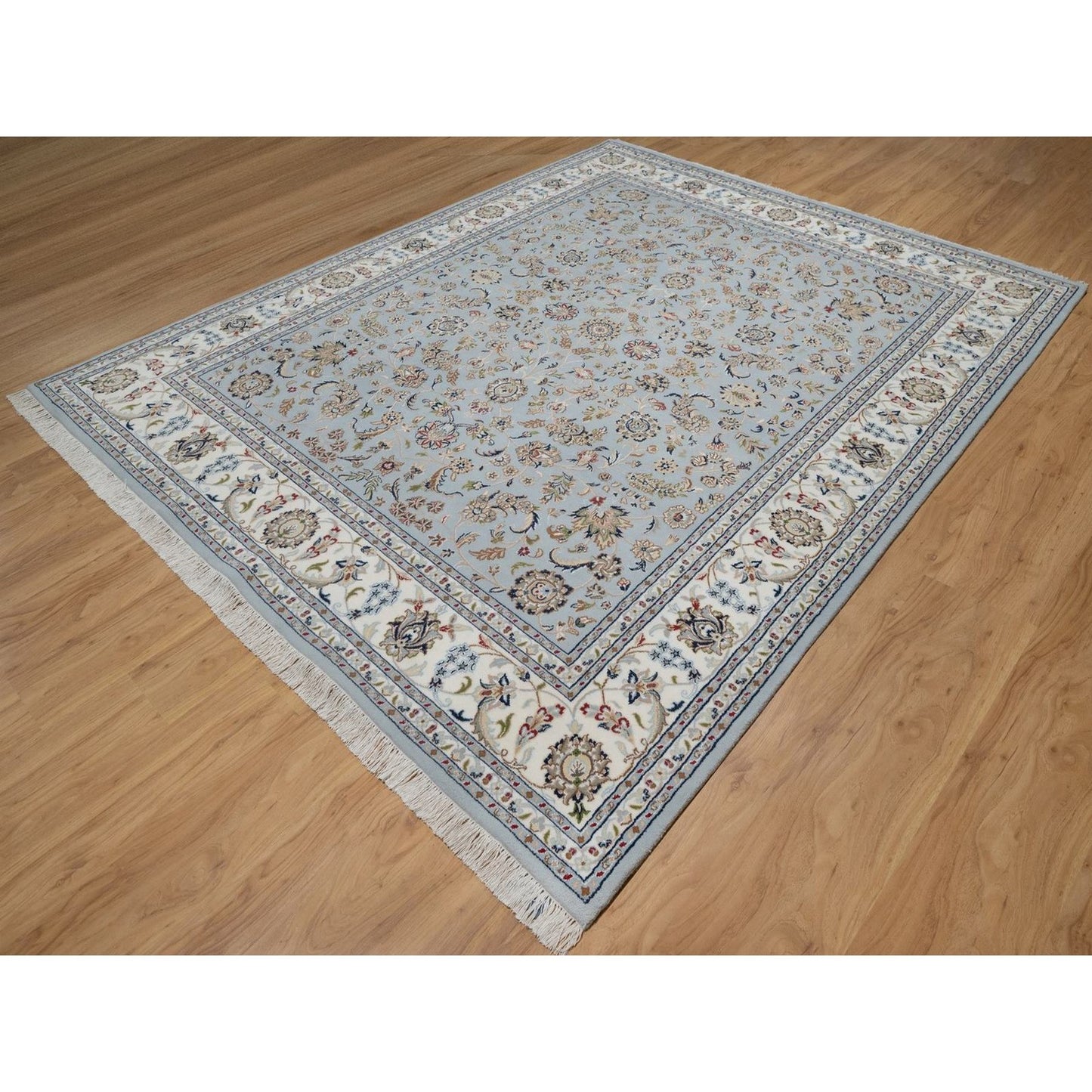 8'2"X10'5" Slate Blue Nain Flower Design Hand Knotted Wool And Silk Rug
