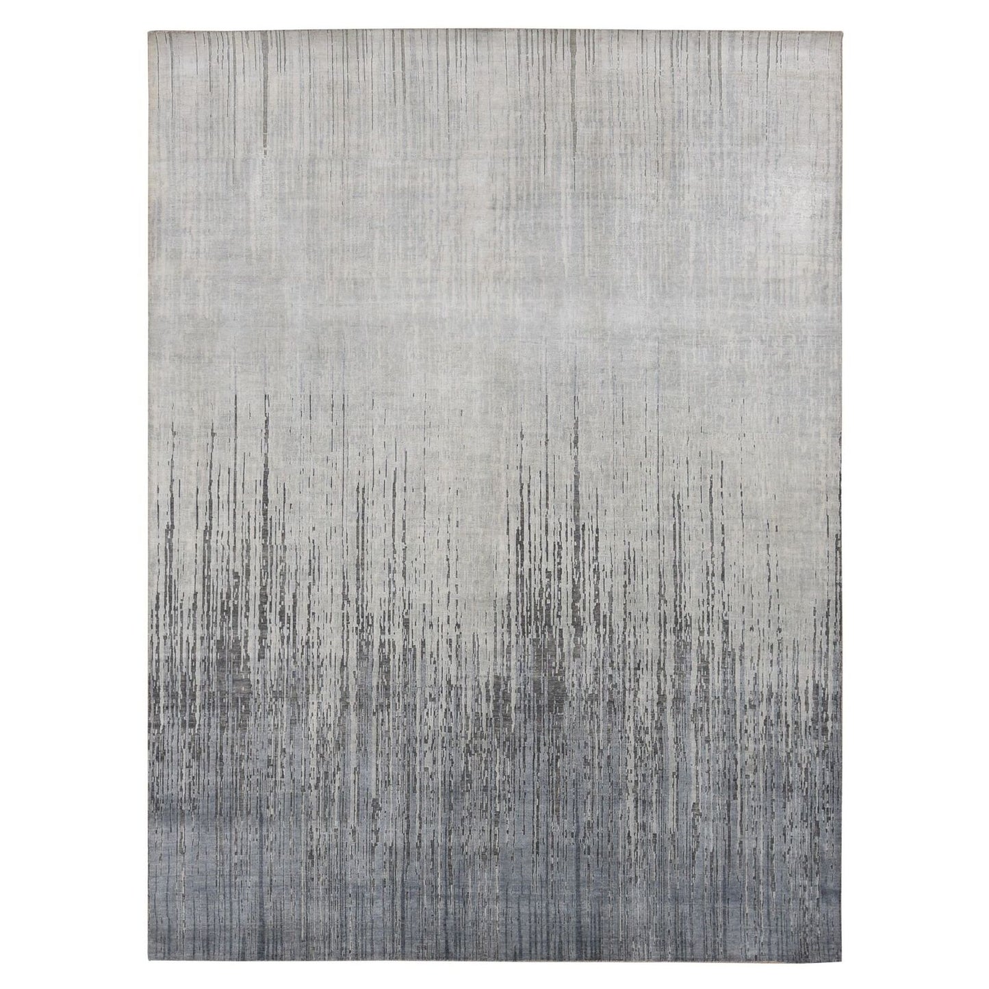 9'X11'10" Medium Gray Vertical Ombre Design Pure Silk Hand Knotted Rug