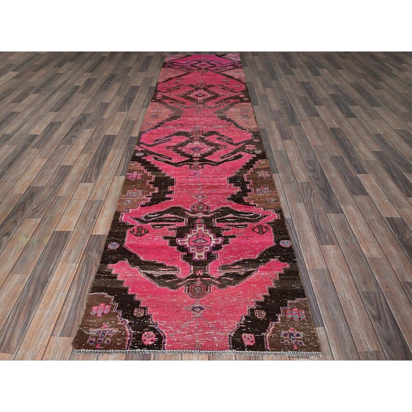 3'X11'4" Pink Overdyed Vintage Zoroastrian Hand Knotted Wool Runner Rug