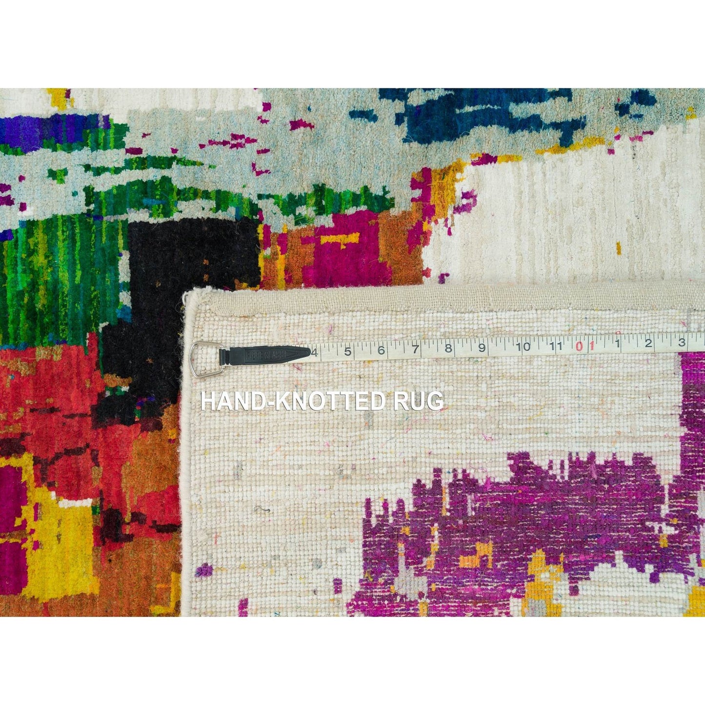 4'X5'10" Castle Ivory Abstract Motifs Wool And Sari Silk Hand Knotted Rug