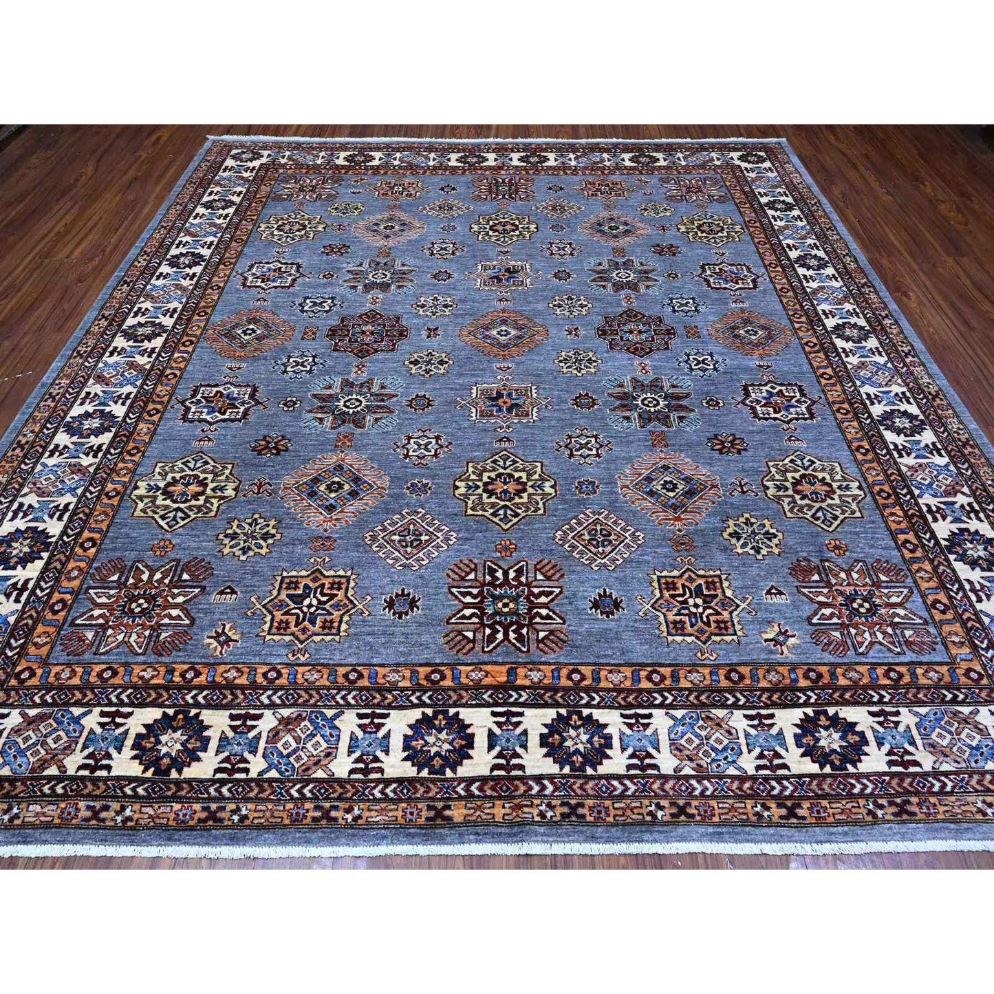 10'X10' Gray Hand Knotted Super Kazak Wool Medallions Oriental Square Rug