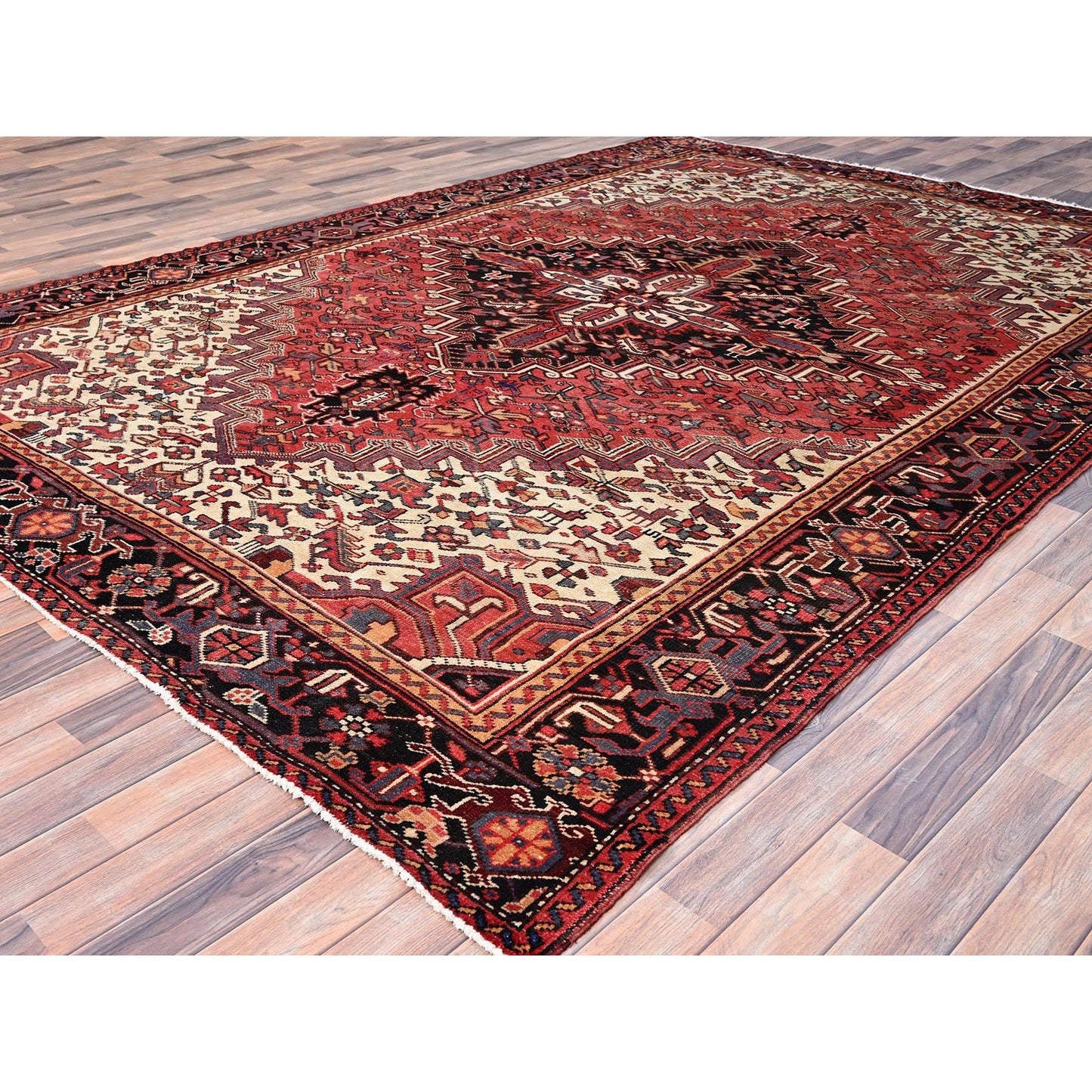 8'3"X12' Red And Ivory Spandrels Shiny Wool Hand Knotted Zoroastrian Rug