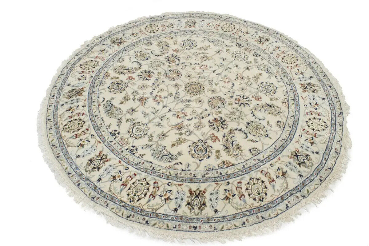 Hand-Knotted Indo-Nain Round Oriental Rug Cream