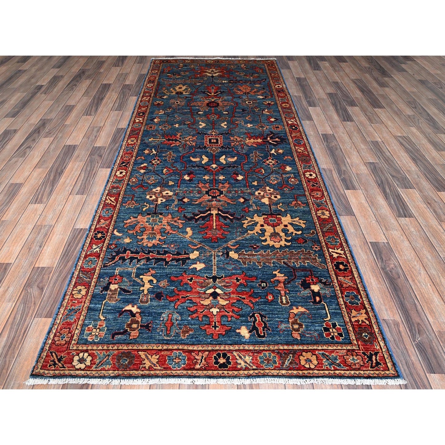 4'1"X10' Denim Blue Heris All Over Design Soft Hand Knotted Runner Rug