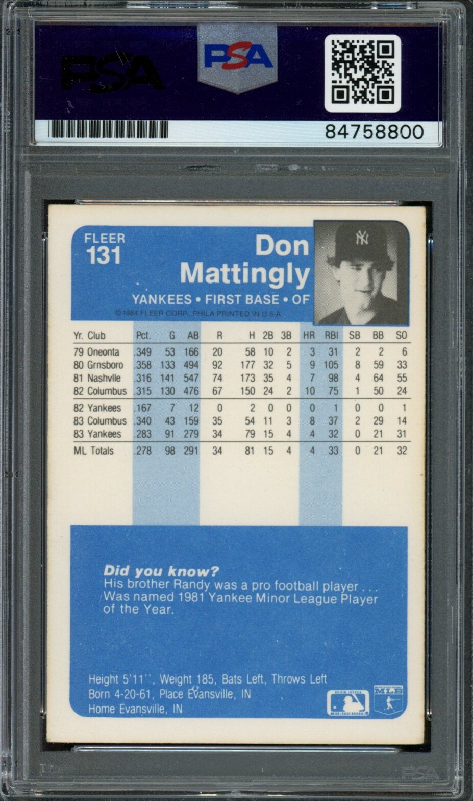 1984 Fleer Don Mattingly #131 Authentic Card Signed New York Yankees Psa/Dna