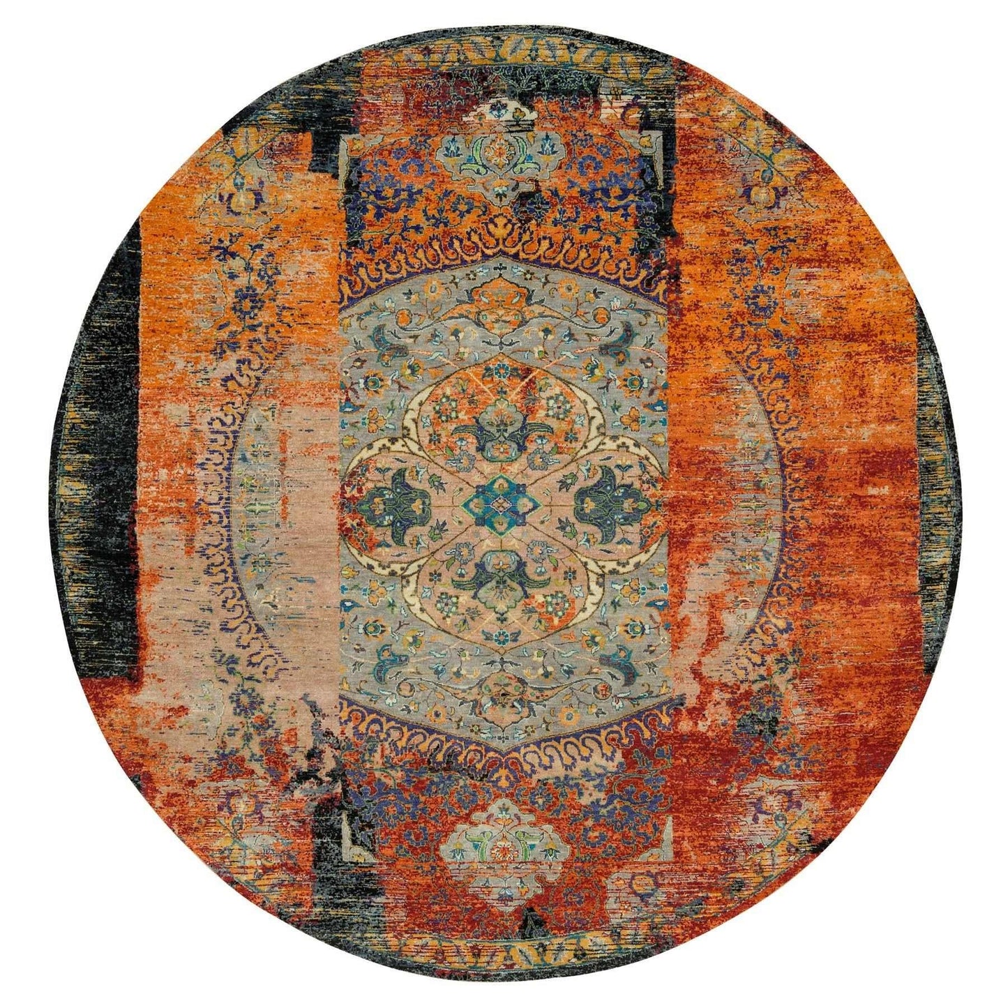 10'X10' Orange Ancient Ottoman Erased Design Wool Hand Knotted Round Rug