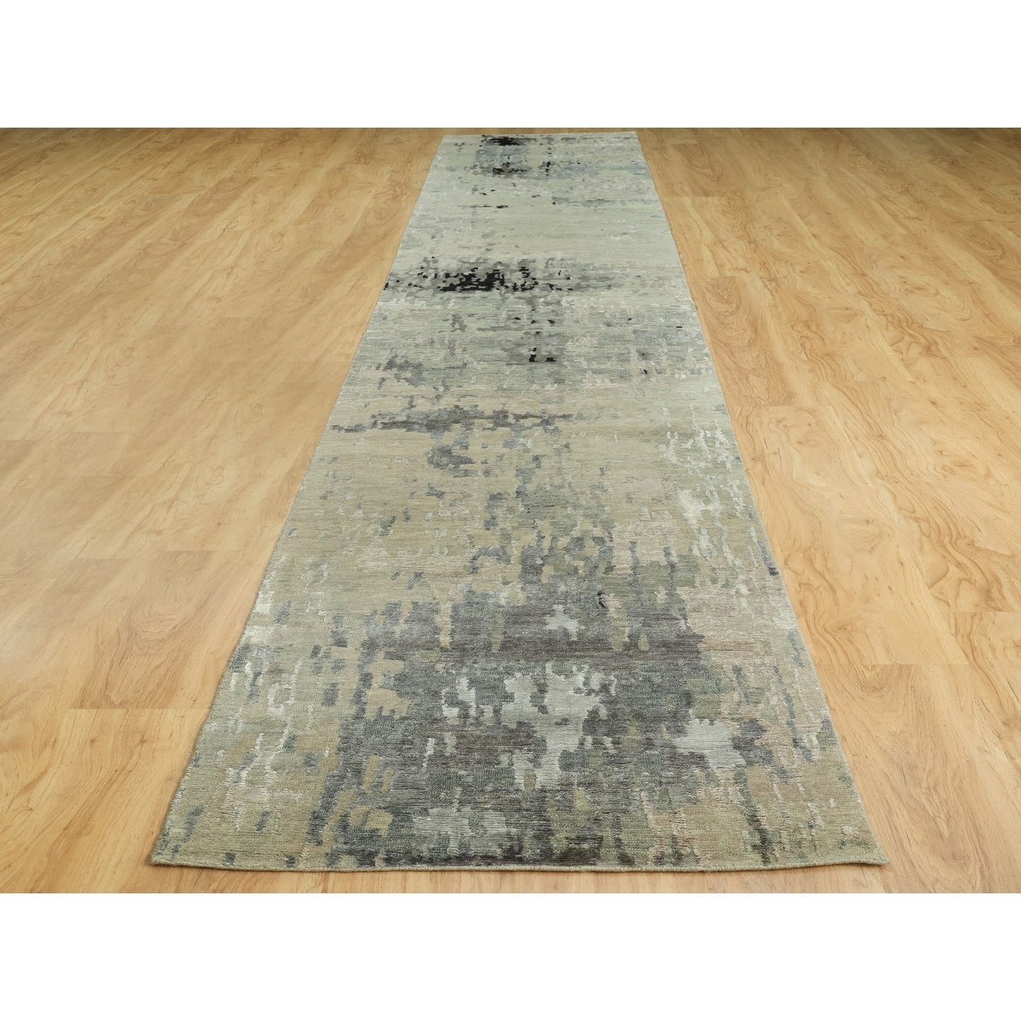 2'8"X19'10" Silver Gray Wool & Silk Modern Abstract Design Runner Rug
