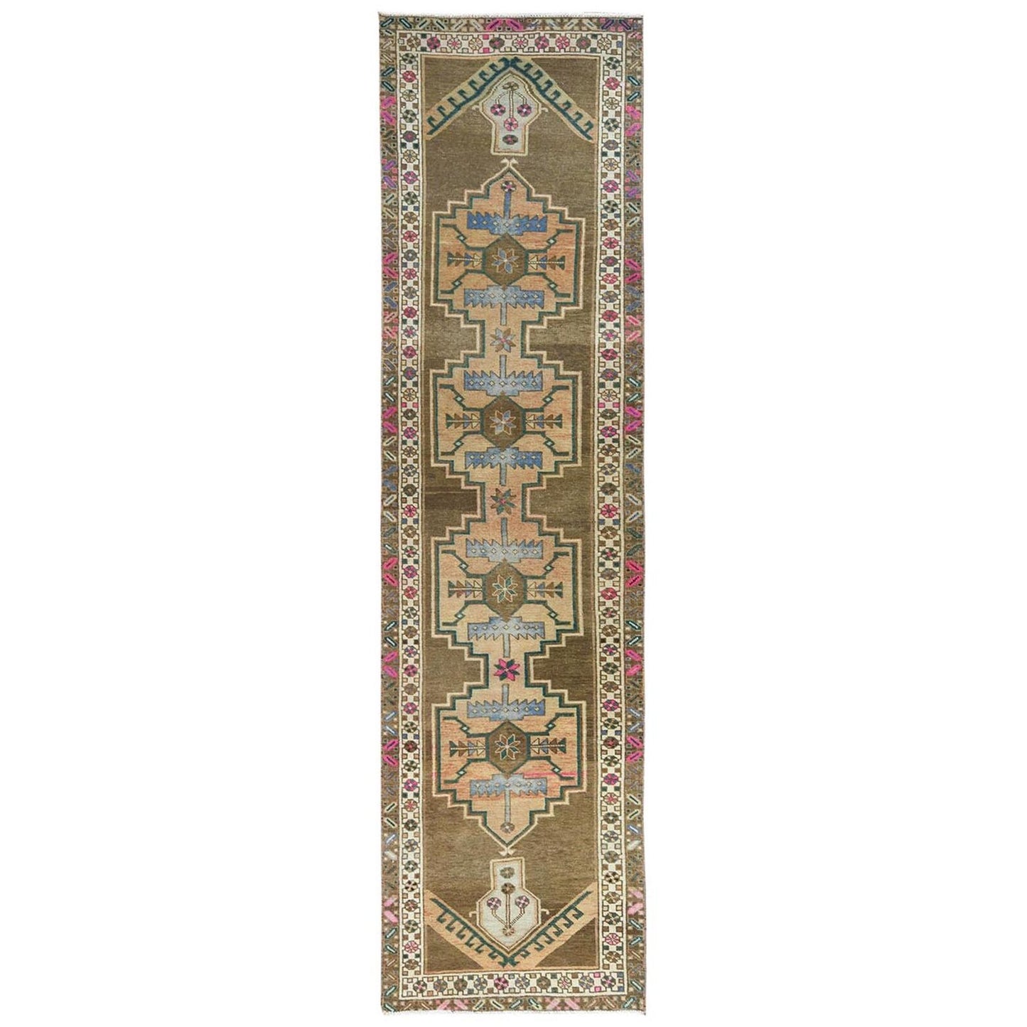 3'3"X12'10" Brown Vintage Northwest Farsian Hand Knotted Wool Runner Rug