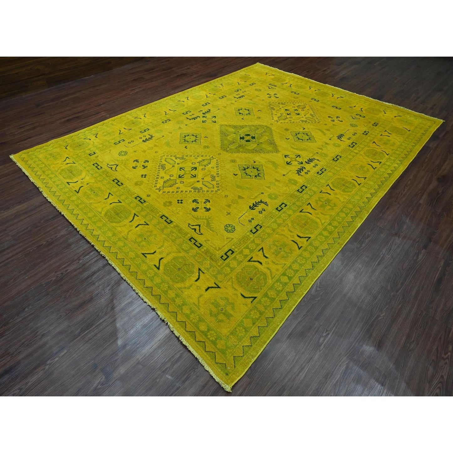 8'6"X11'4" Yellow Overdyed Kazak Geometric Design Hand Knotted Wool Rug