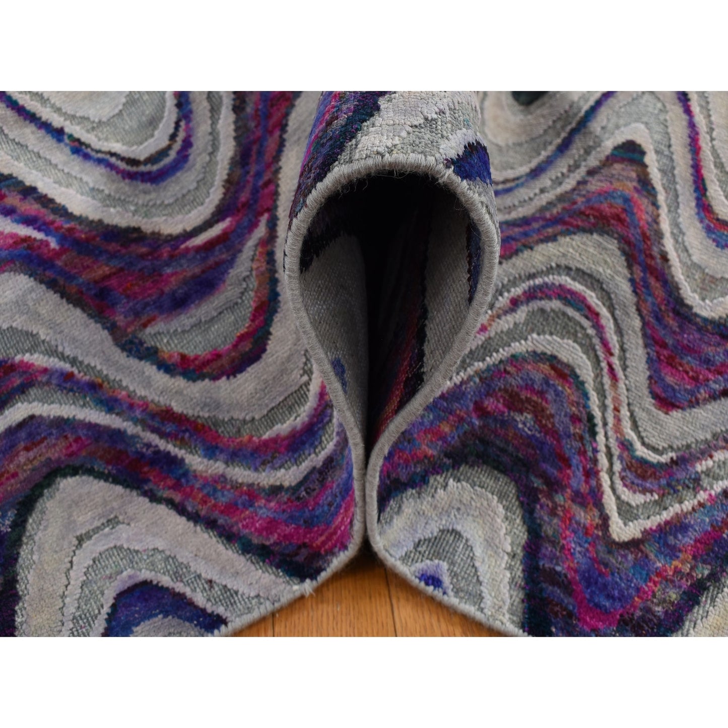 9'X11'10" Ivory The Colorful Waves Silk With Wool Hand Knotted Rug