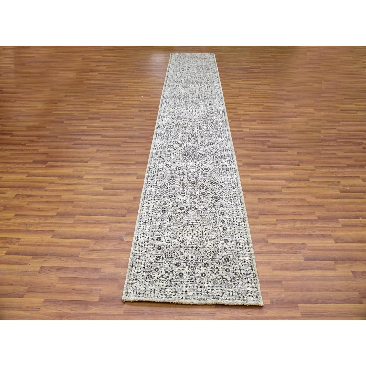 2'7"X14'1" White Mamluk Dynasty Undyed Wool Hand Knotted Runner Rug