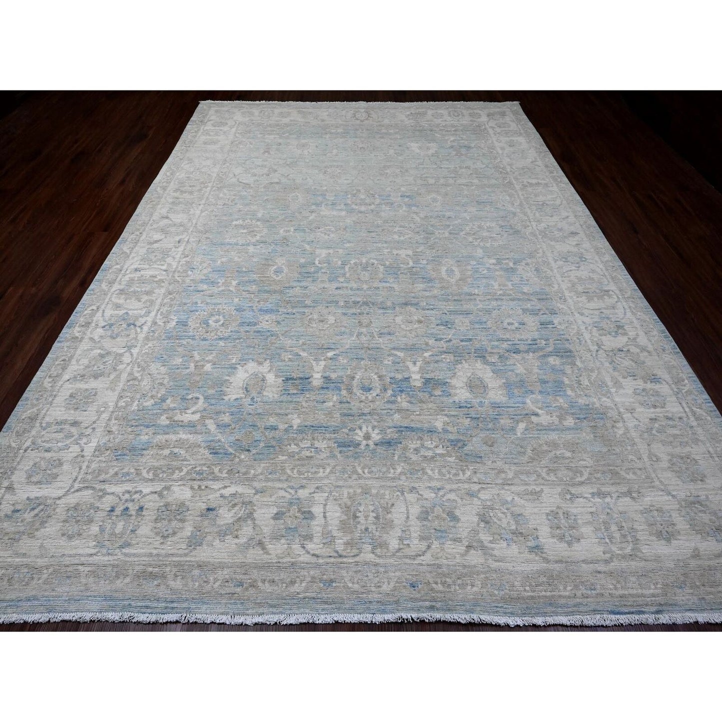8'8"X12' Blue White Wash Peshawar Leaf Design Hand Knotted Pure Wool Rug