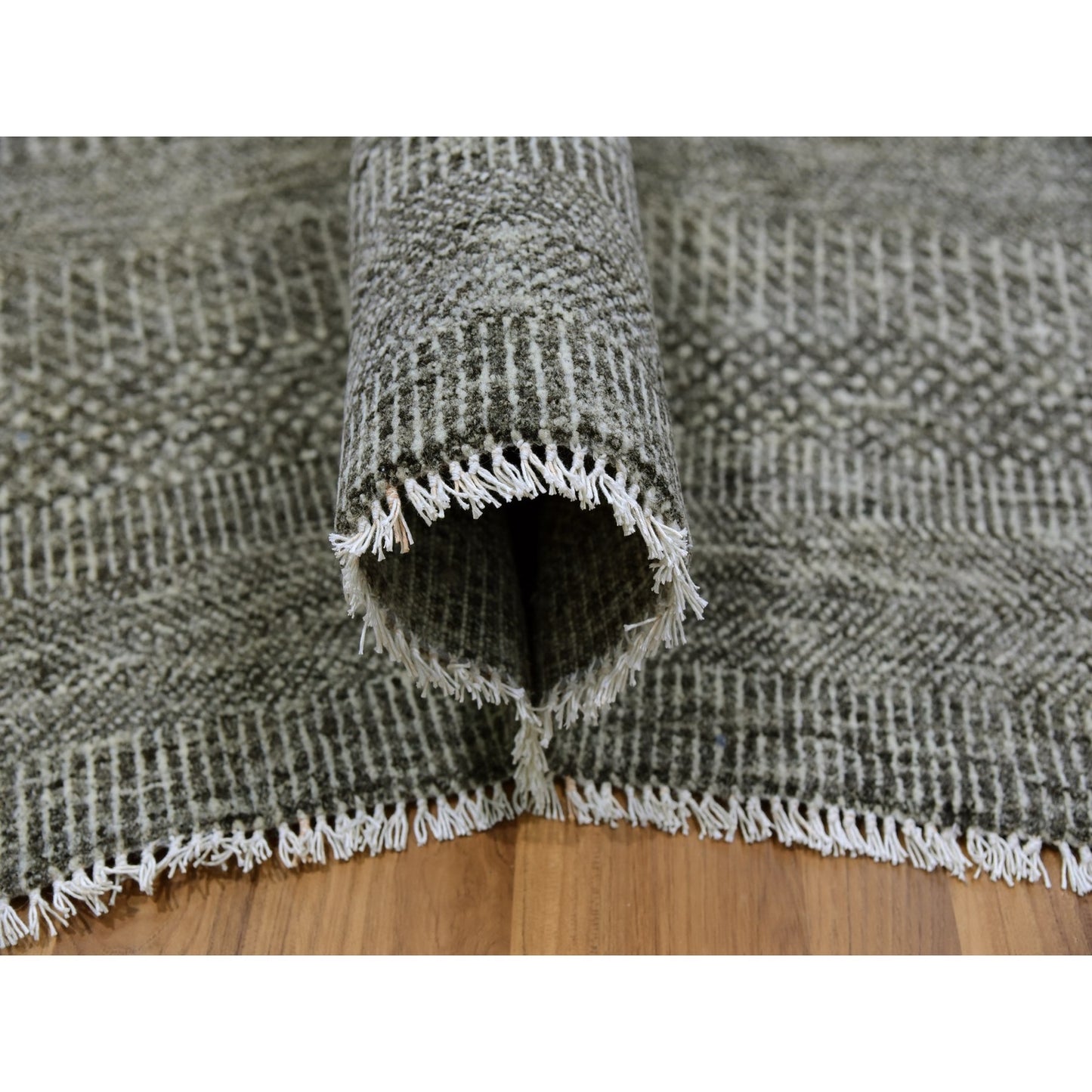12'X12'2" Neutral Gray Hand Knotted Grass Design Undyed Wool Square Rug