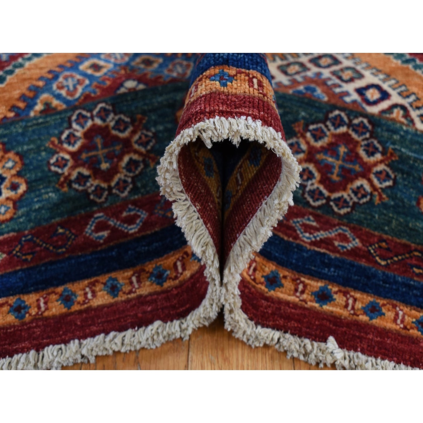 5'7"X8' Green Super Kazak Khorjin Design Hand Knotted Pure Wool Rug