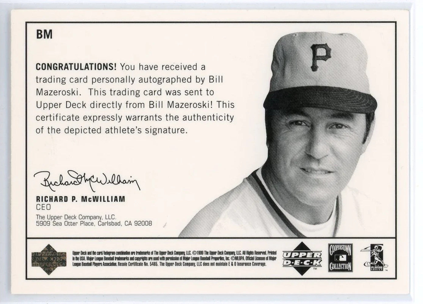 Bill Mazeroski Autographed 1999 Upper Deck Century Legends Card #Bm