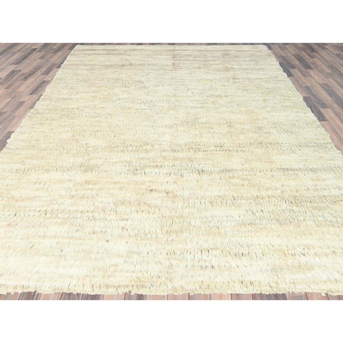 10'1"X14'1" Beige Undyed Natural Wool Hand Knotted Shaggy Moroccan Rug