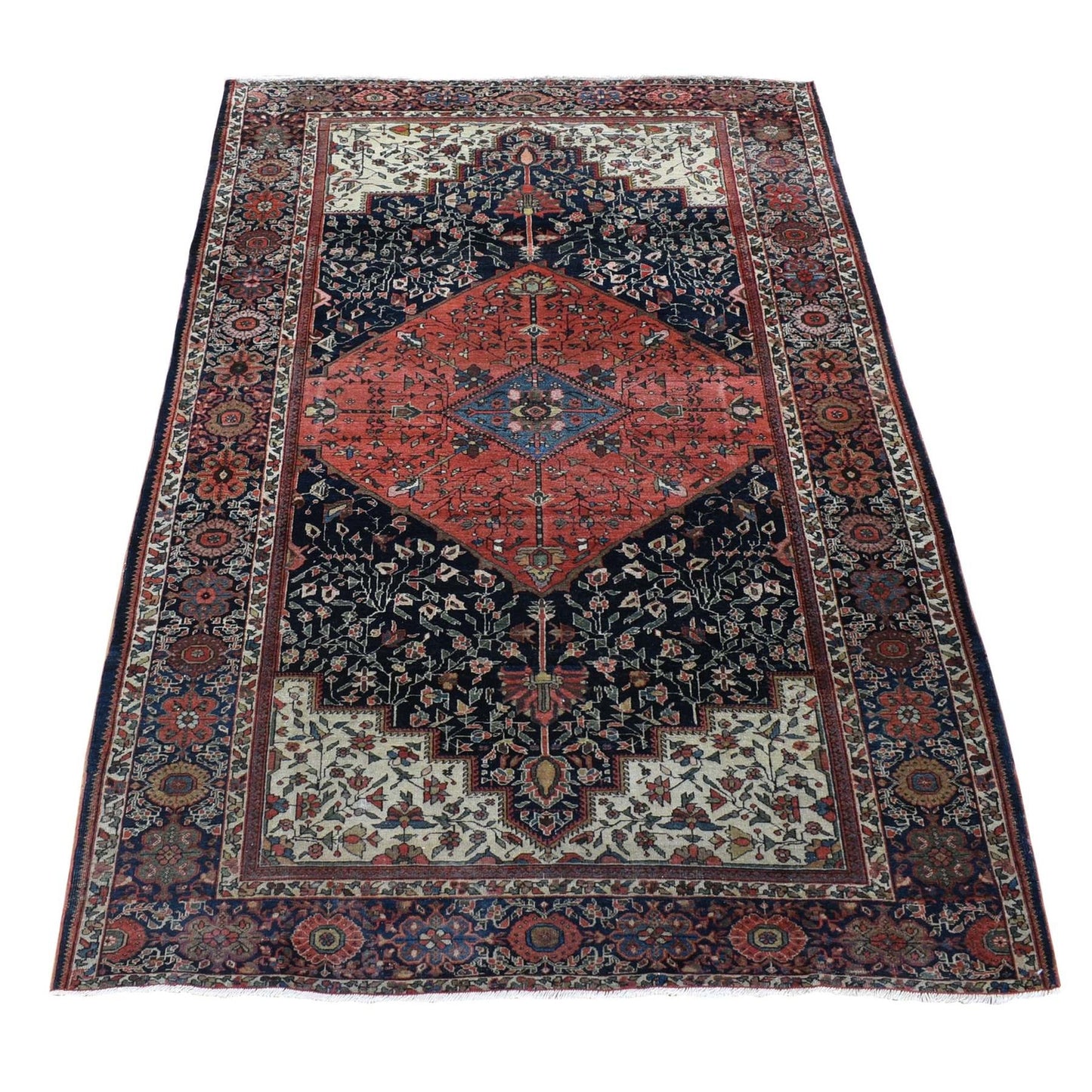 4'2"X6'6" Blue Antique Zoroastrian Firighen Pure Wool Hand Knotted Rug