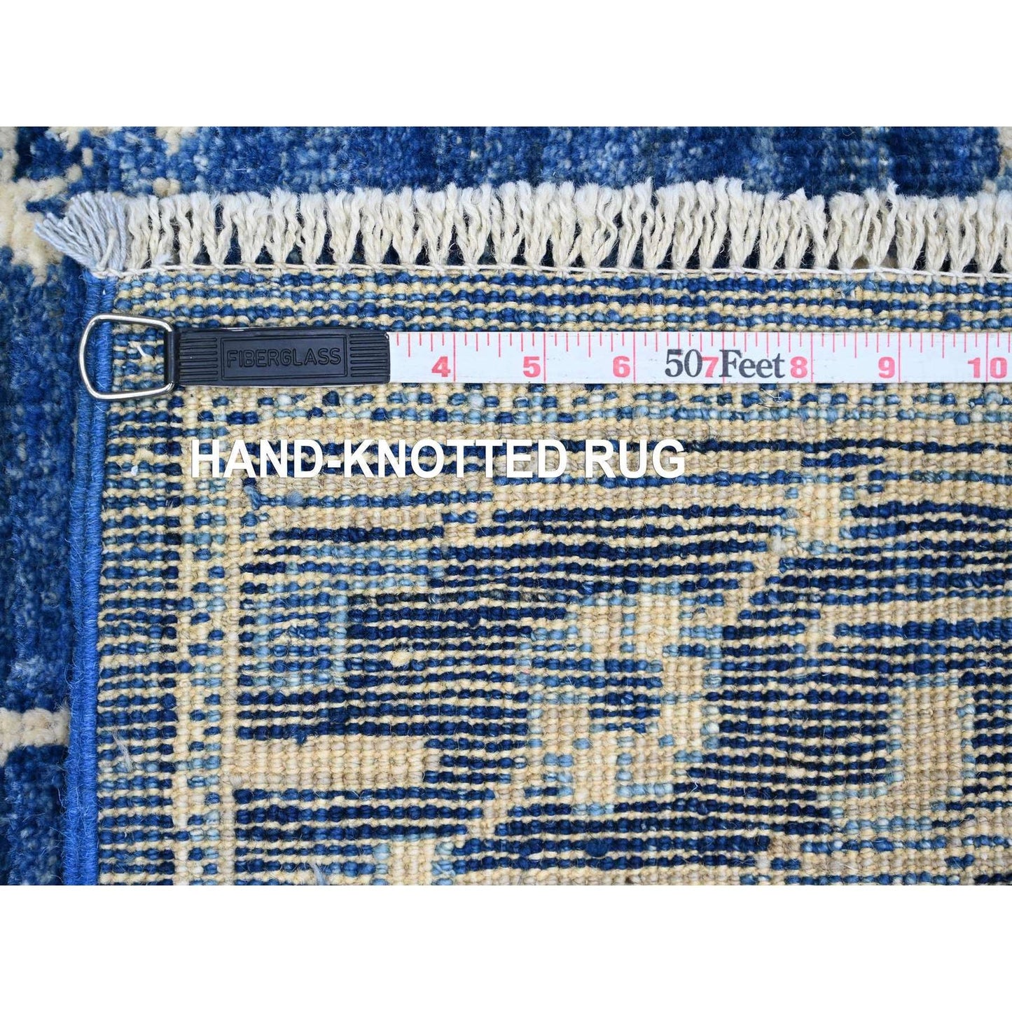 2'9"X19'7" Blue Hand Knotted Angora Oushak Leaf Design Wool Runner Rug