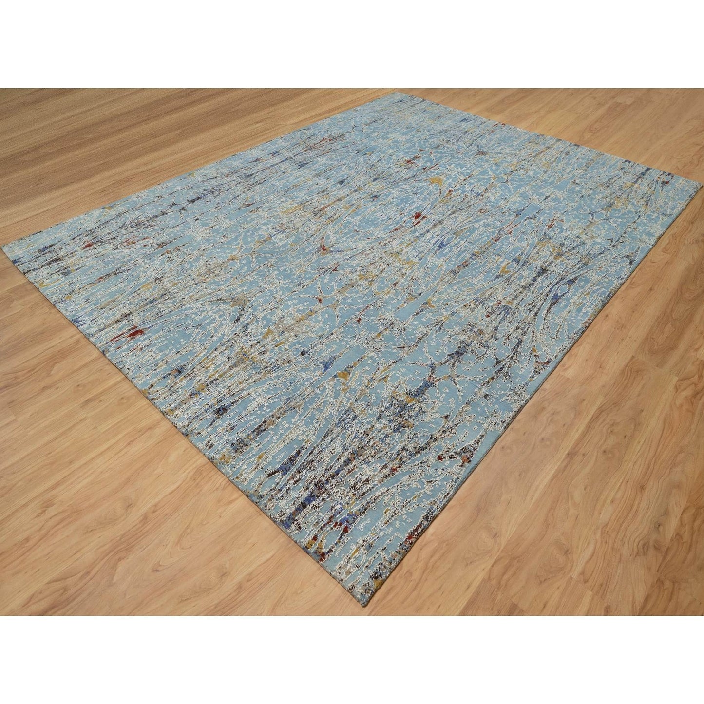 9'1"X12' Blue Modern Bamboo Cane Design Wool And Silk Hand Knotted Rug