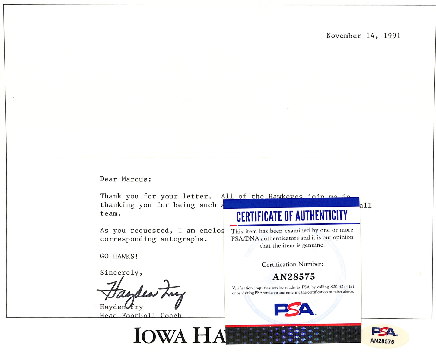Hayden Fry Football Coach Signed Tls Letter