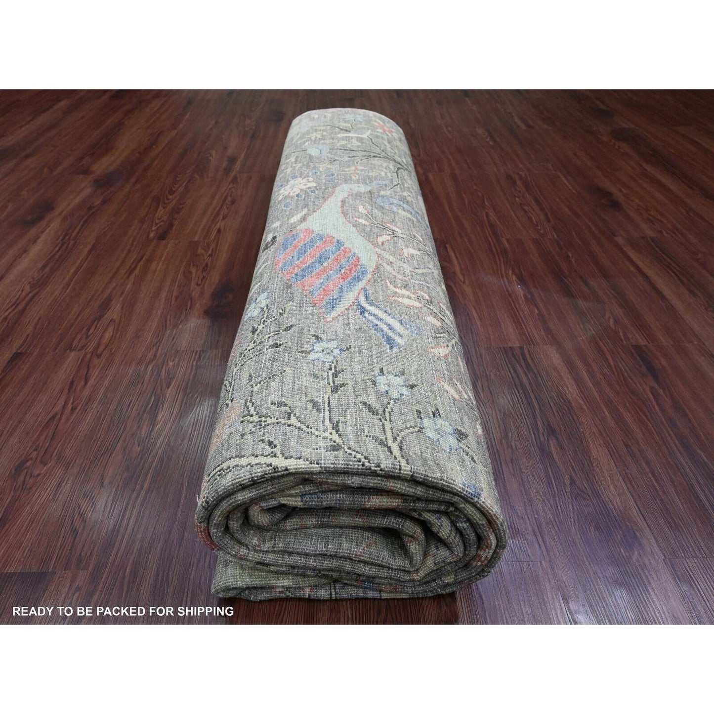 9'1"X11'9" Brown Afghan Peshawar Birds Design Soft Wool Hand Knotted Rug
