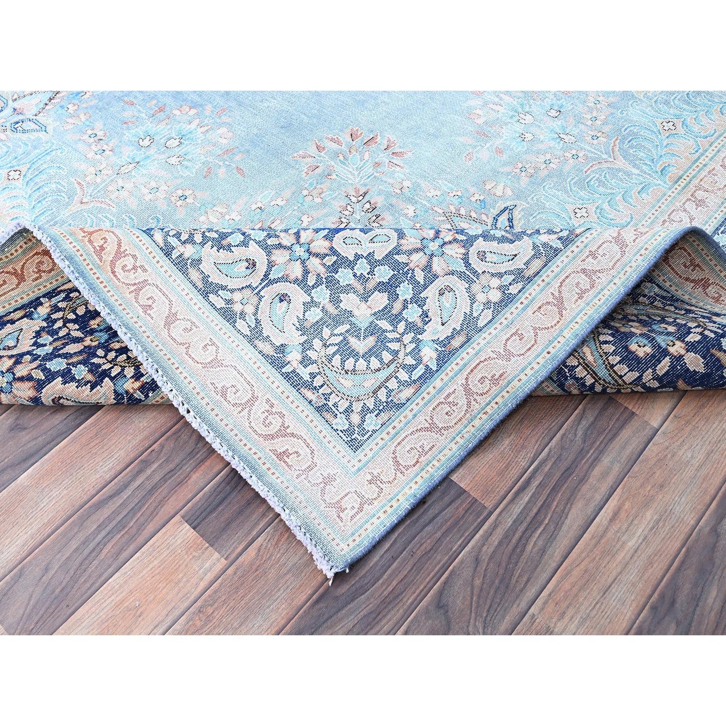 10'X12'9" Blue Worn Down Shiny Wool Cropped Thin Cleaned Oriental Rug