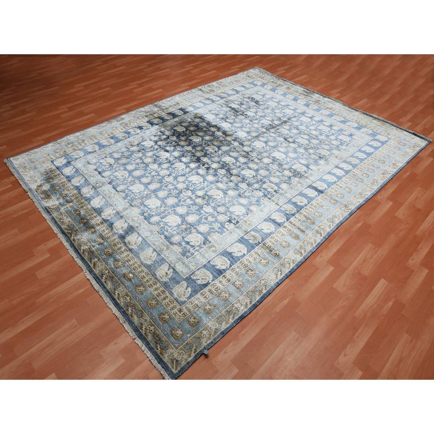 8'9"X12' Yale Blue Hand Knotted 100% Pure Real Silk Khotan Design Rug