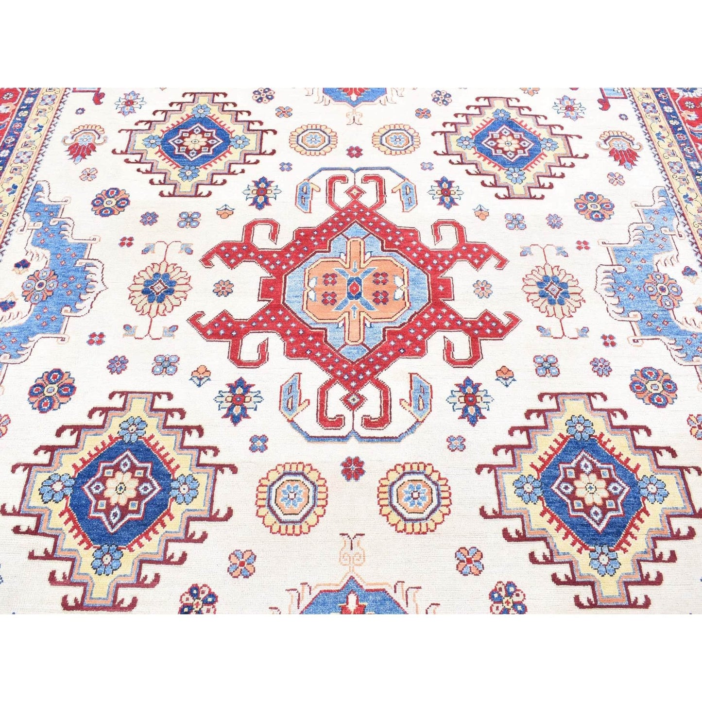 10'X13'3" Ivory Special Kazak With Geometric Design Wool Hand Knotted Rug