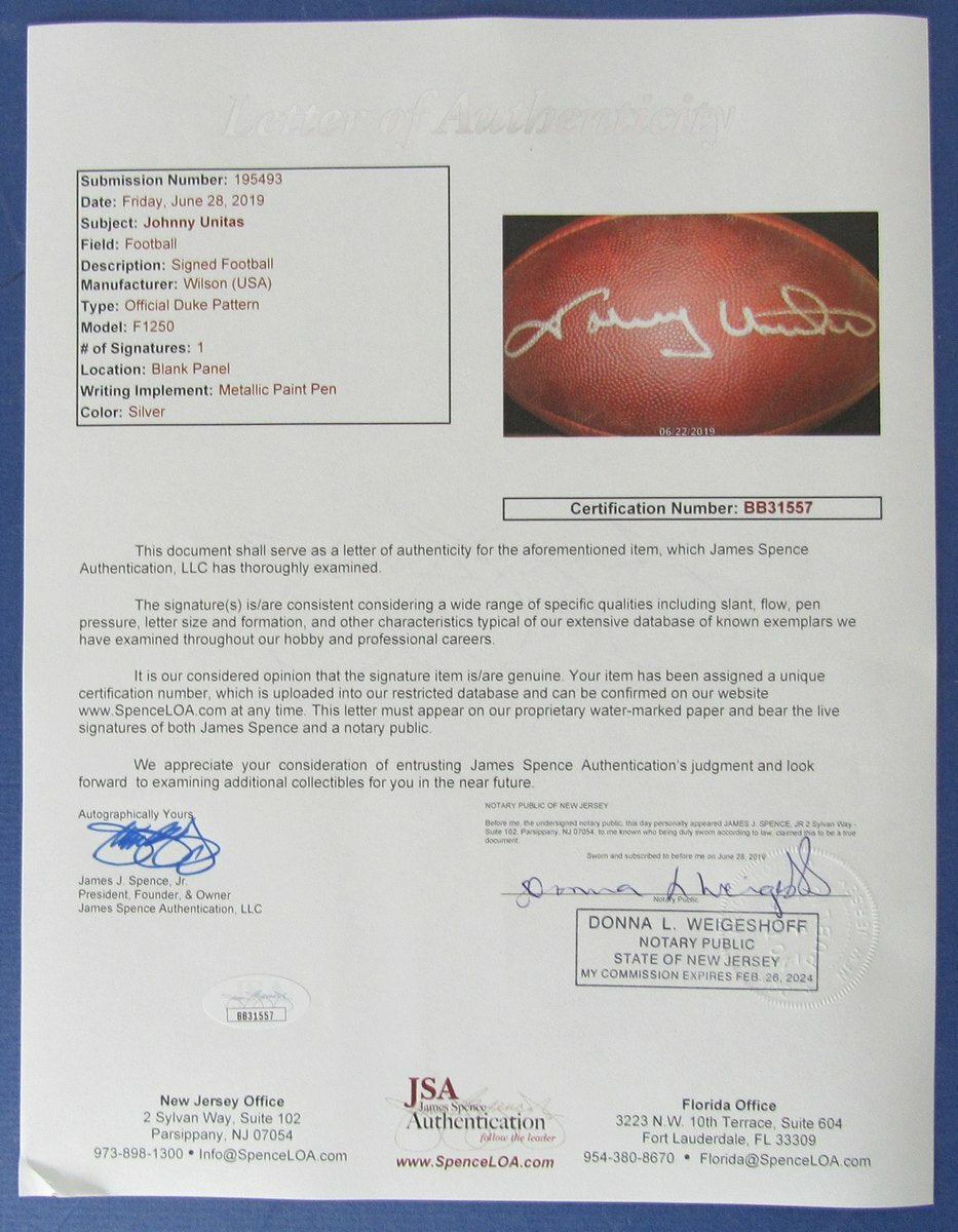 Johnny Unitas Signed Baltimore Colts Wilson