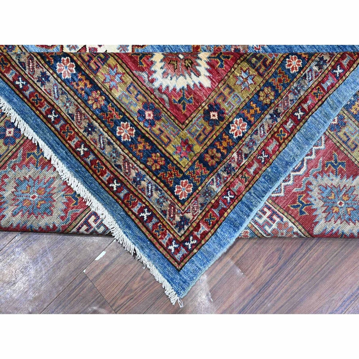 10'2"X13'8" Blue Hand Knotted Super Kazak All Over Motifs Oriental Rug