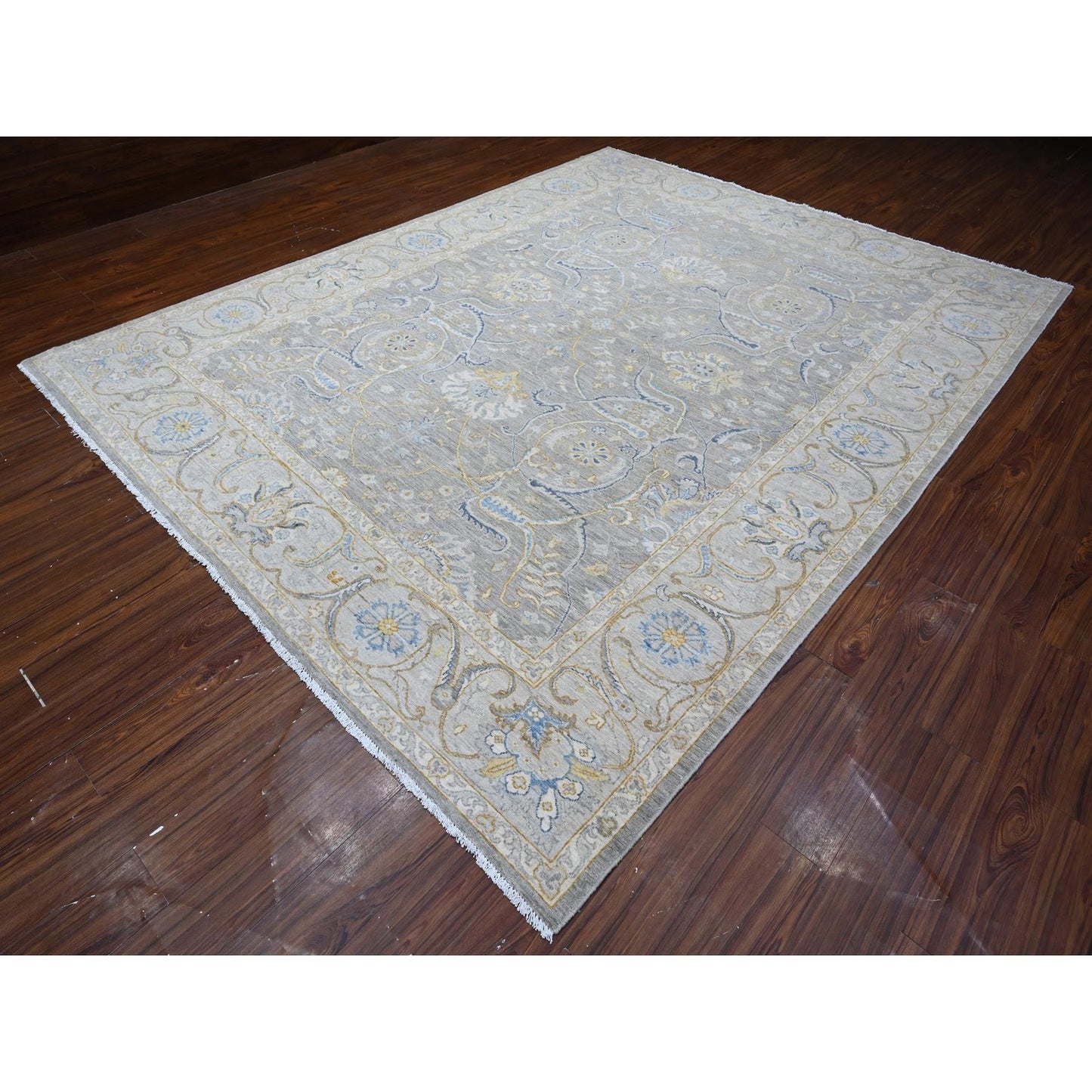 9'X11'7" Gray All Over Afghan Peshawar Design Hand Knotted Soft Wool Rug